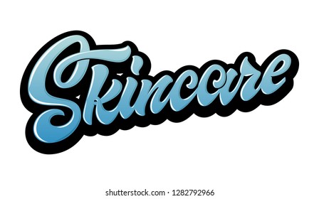 Skincare. Bright vector hand lettering word with black outline isolated on white background. Concept for logo, card, typography, poster, print. 