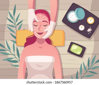 Skincare cartoon composition with young woman face treatment procedure in beauty salon top view vector illustration 