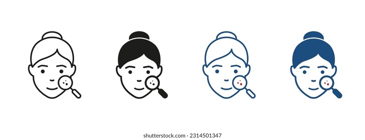 Skincare Checkup of Girl Face with Magnifier Pictogram. Facial Skin Care Symbol Collection. Dermatology Examination of Woman Skin Line and Silhouette Icon Set. Isolated Vector Illustration.