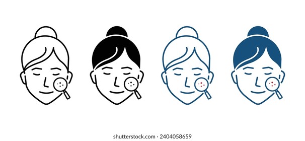 Chequeo de la cara de la niña con pictograma amplificador. Colección de símbolos de cuidado facial de la piel. Examen dermatológico de la línea de piel de la mujer y conjunto de iconos de silueta. Ilustración de vectores aislados