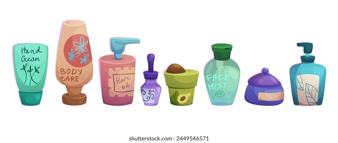 Skincare and cleansing cosmetic products. Cartoon vector illustration set of bottle and container with cream and shampoo, lotion and moisturizer. Daily health care and beauty hygiene routine supplies.