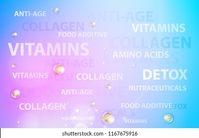 Skincare concept for cosmetic label of cream. Golden bubbles with vitamin letters over blue background. Vector illustration.