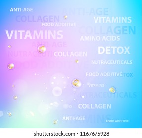 Skincare concept for cosmetic label of cream. Golden bubbles with vitamin letters over blue background. Vector illustration.
