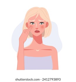 Skincare Concept.  Portrait of a Woman's Concern in Skincare in her face by touching Face.