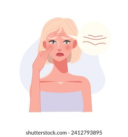 Skincare Concept. Portrait of a worried Woman Stressed about Forehead Wrinkles