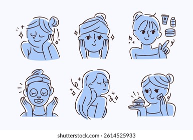 Skincare concept upper body illustration. A woman applying cosmetics and using a mask pack.