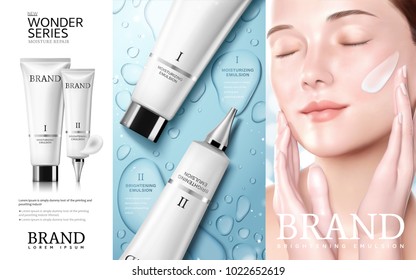 Skincare cosmetic ads, Moisture series tube with beautiful woman model, water drop background in 3d illustration