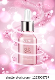 Skincare cosmetic ads, sakura essence on pink bokeh background. Realistic vector illustration