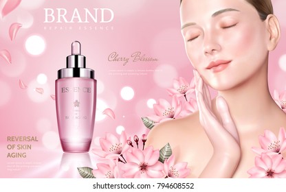 Skincare cosmetic ads, sakura essence with beautiful woman model, pink bokeh background in 3d illustration