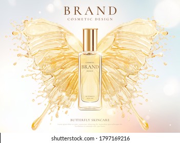 Skincare Cosmetic Bottle Over Water Splash Butterfly Design Element In 3d Illustration