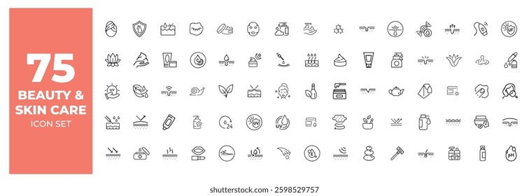 Skincare, cosmetic care, dermatology and beauty related icon collection 