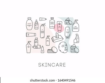 Skincare Cosmetic Line Icon Set. Vector Illustration.