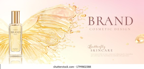 Skincare cosmetic product over water splash butterfly design element in 3d illustration