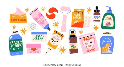 Skincare cosmetic products . Bottles of body, skin, hair care, eye patches, face masks. Organic cosmetics in bottles and tubes. Stickers of women's accessories in cartoon style