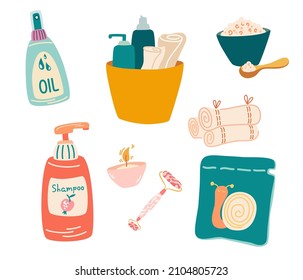 Skincare cosmetic products. Shampoo, body oil, face mask, sea salt, towel, gouache. Daily skin care routine and hygiene concept. Bottles and tubes. Bathroom cosmetics.Vector cartoon Illustration.