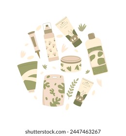 Skincare cosmetics circle emblem. Cleansing and moisturizing face. Skincare cosmetics round composition. Bottles, containers and tubes. Flat vector illustration.