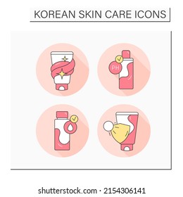 Skincare cosmetics color icons set. Sunscreen, toner, essence and skin cleanser. Concept of cleansing, anti-age protection and beauty routine.Isolated vector illustrations