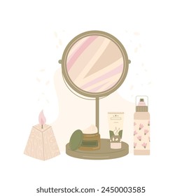Skincare cosmetics daily routine products set. Makeup mirror and cleansing and moisturizing. Flat vector illustration isolated on white background.