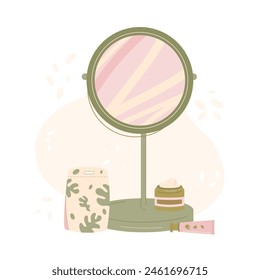 Skincare cosmetics daily routine products set. Makeup mirror and mask and moisturizing. Flat vector illustration isolated on white background.