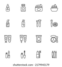 Skincare cosmetics line icons set, outline vector symbol collection, linear style pictogram pack. Signs, logo illustration. Set includes icons as cream tube, eyelash mascara, makeup brush, perfume