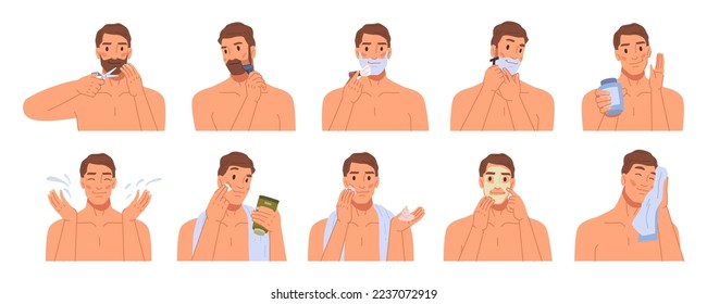 Skincare and cosmetics for man face, isolated process of shaving beard and using lotions and moisturizers for sensitivity. Flat cartoon character vector