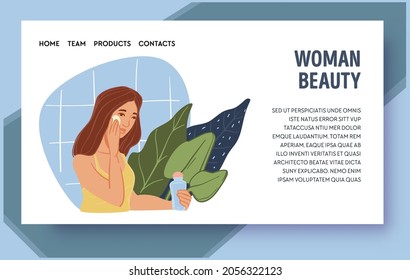 Skincare and cosmetics products for women beauty and facial therapy. Female character using tonic or spray, micellar water removing makeup. Website or web page landing template, vector in flat style