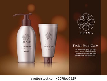 Skincare cosmetics vector banner template. Facial cosmetic products of facial wash and cream bottle in elegant background design for promotional purposes. Vector illustration
