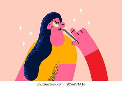 Skincare and cosmetology procedures concept. Face of young smiling woman with patches below eyes and cosmetologist hand with tool making beauty treatment vector illustration