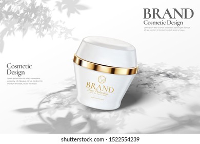 Skincare cream jar ads with leaves shadow on white background in 3d illustration