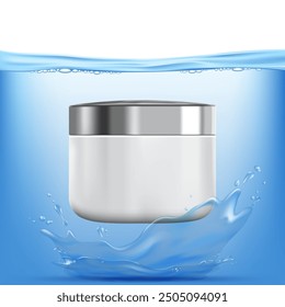 Skincare cream in a jar on the background of water waves. Vector mockup