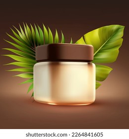 Skincare cream in package on brown background with tropical leaves, 3d vector illustration, cosmetic concept.