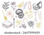 Skincare design elements. Hand drawn skin care, organic cosmetics, natural ingredients vector illustration. Beauty salon icons set. Not AI generated