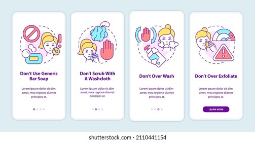 Skincare donts onboarding mobile app screen. Wrong care walkthrough 4 steps graphic instructions pages with linear concepts. UI, UX, GUI template. Myriad Pro-Bold, Regular fonts used