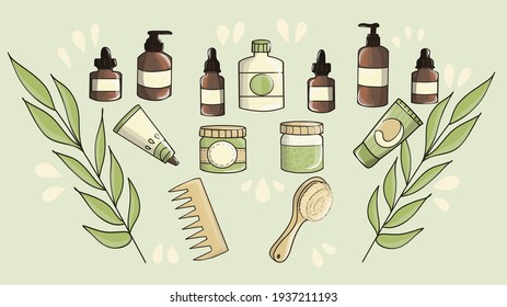 Skincare doodle set. Natural organic cosmetic set. Colorfull bottles,jar and tubes.