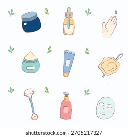 Skincare doodle vector isolated collection set. Clip art cartoon of cream, serum, moisturizer for asset, pattern, design, beauty
