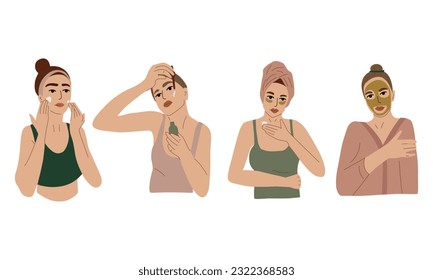 Skincare facial beauty routine cartoon girls doing home spa procedures vector symbols illustration