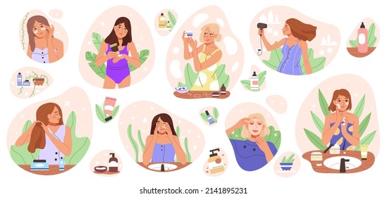 rutina de belleza facial de cuidado de la piel, cuidado de la piel y el pelo de la mujer, productos cosméticos. Niñas de dibujos animados haciendo procedimientos de spa en casa ilustraciones de símbolos vectoriales. Limpieza, hidratación de escenas de cuidado facial