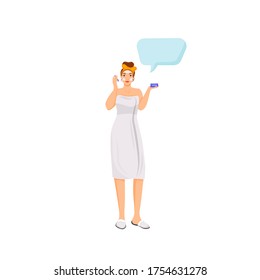 Skincare flat color vector faceless character. Woman in bath towel. Girl apply facial cream. Person with speech bubble isolated cartoon illustration for web graphic design and animation