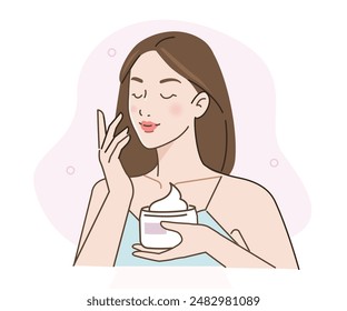 Skincare. Girl taking care of her face and applying moisturizing cream. Beauty and hygiene concept. Vector illustration.