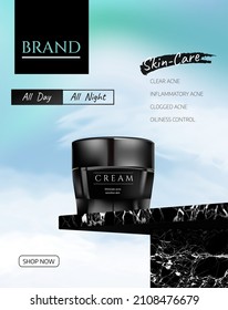 Skincare. Glass Cream Jar With Black Lid On Black Marble Plinth. Sky Background. Cosmetics Banner. Vector Products.