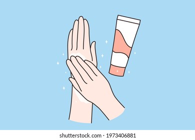 Skincare, hand cream concept. Human hands applying moisturizing hand cream for skincare treatment over blue background vector illustration 