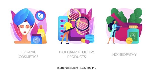 Skincare and healthcare, natural pharmacological products, disease prevention. Organic cosmetics, biopharmacology products, homeopathy metaphors. Vector isolated concept metaphor illustrations.