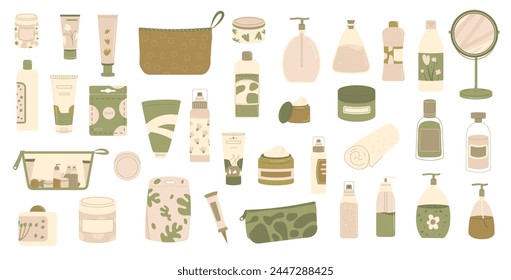 Skincare at home. Body cosmetics bottles, containers and tubes. Beauty products set. Cleansing and moisturizing face. Serum and lotion for spa. Flat vector illustration isolated on white background.