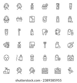 Skincare and hygiene line icons set. linear style symbols collection, outline signs pack. Skincare cosmetics vector graphics. Set includes icons as facial sheet mask, face cream, fingernail polish