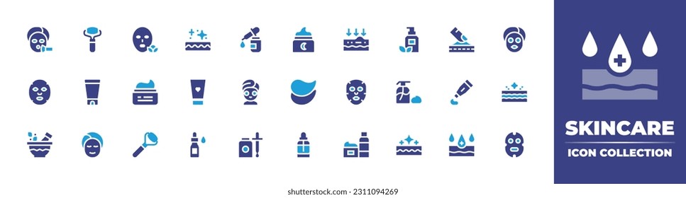 Skincare icon collection. Duotone color. Vector illustration. Containing facial treatment, facial roller, mask, skincare, skin care, night cream, wrinkle, lotion, facial mask, face mask, cream.