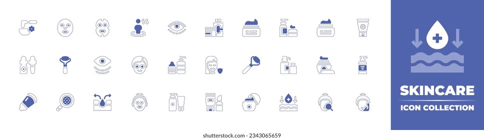 Skincare icon collection. Duotone style line stroke and bold. Vector illustration. Containing mud, skincare, relax, eyes, skin care, cream, cosmetics, sun cream, serum, face roller, eye, and more.