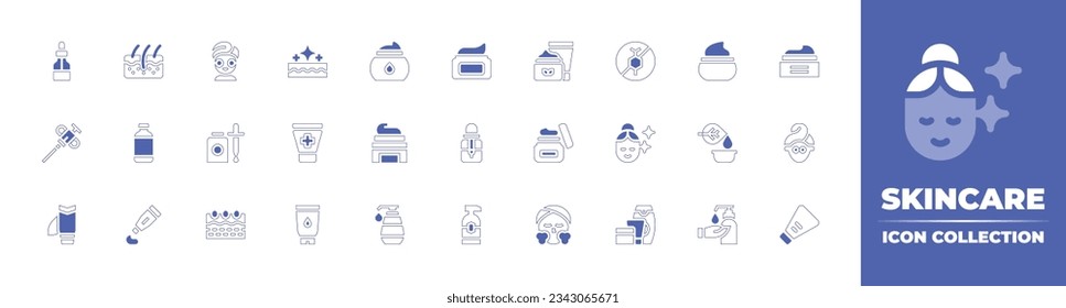 Skincare icon collection. Duotone style line stroke and bold. Vector illustration. Containing dropper, skin, face mask, skin care, cream, lotion, paraben free, face cream, skincare, and more.