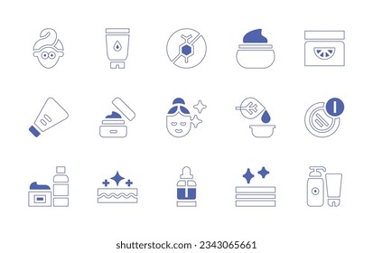 Skincare icon set. Duotone style line stroke and bold. Vector illustration. Containing skin care, cream, paraben free, face cream, ointment, lotion, face, cosmetics, serum, perfect skin.