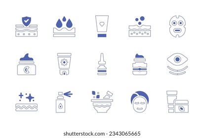 Skincare icon set. Duotone style line stroke and bold. Vector illustration. Containing skin protection, moisturizer, cosmetics, cleansing, skincare, night cream, sunscreen, dropper, cream, eye, spray.