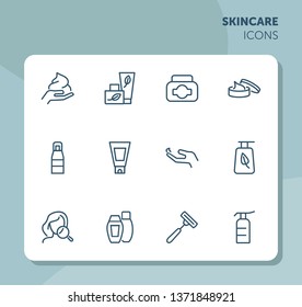 Skincare icon. Set of line icons on white background. Hand cream, body lotion, shaving razor. Beauty products concept. Vector illustration can be used for topics like beauty, cosmetics, bodycare
